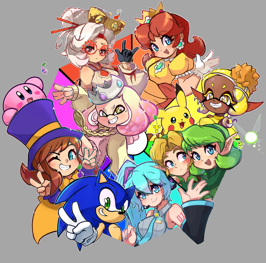 4boys 6+girls a_hat_in_time absurdres aqua_eyes aqua_hair blue_eyes blue_hair blue_pikmin color_wheel_challenge creatures_(company) daisy detached_sleeves flower frye_(deep_cut_outfit)_(splatoon) frye_(splatoon) game_freak gen_1_pokemon glow_pikmin hair_ornament hat_kid hatsune_miku highres ice_pikmin kirby kirby_(series) link long_hair looking_at_viewer mario mario_(series) multiple_boys multiple_drawing_challenge multiple_girls navi necktie nin10ja nintendo open_mouth pearl_(mc.princess)_(splatoon) pearl_(splatoon) pikachu pikmin_(creature) pikmin_(series) pokemon pokemon_(creature) princess_daisy purah purple_pikmin red_pikmin saria_(zelda) shirt smile sonic_(series) sonic_the_hedgehog splatoon_(series) splatoon_2 splatoon_3 the_legend_of_zelda the_legend_of_zelda:_ocarina_of_time the_legend_of_zelda:_tears_of_the_kingdom thighhighs twintails very_long_hair vocaloid winged_pikmin yellow_pikmin young_link