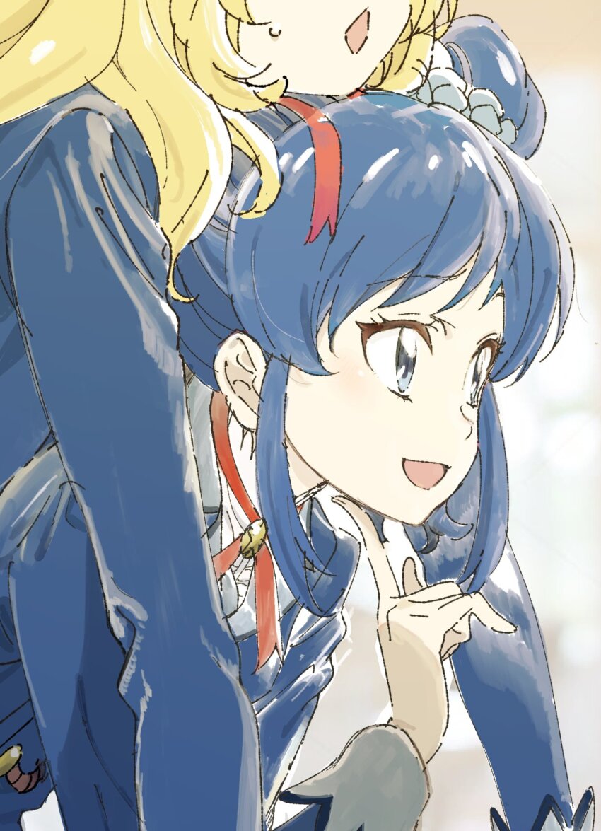 1girl :d aikatsu! aikatsu!_(series) blonde_hair blue_eyes blue_hair blue_jacket blue_scrunchie diamond_mouth finger_to_own_chin hair_ornament hair_scrunchie hand_up head_out_of_frame highres hoshimiya_ichigo index_finger_raised jacket kiriya_aoi long_hair long_sleeves medium_hair open_mouth red_ribbon ribbon saitou_atsushi_(kamatamanankotu) school_uniform scrunchie side_ponytail sidelocks smile solo_focus star_harmony_academy_school_uniform sweatdrop
