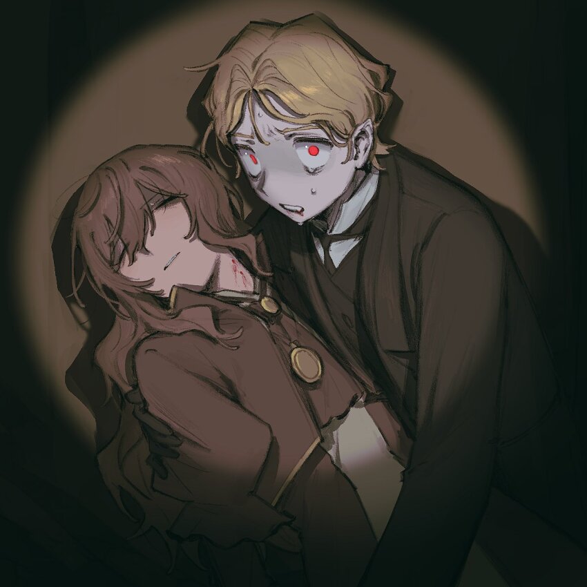 1boy 1girl ascot blonde_hair blood brown_ascot brown_dress brown_hair brown_jacket catherine_(project_moon) cropped_jacket dress highres jacket jewelry limbus_company linton_(project_moon) long_hair necklace open_mouth pale_skin parted_bangs pointy_ears project_moon red_eyes sidelocks sweat vampire vampire_bite yobunkiii