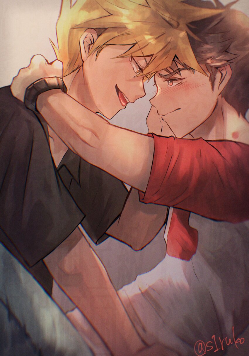 2boys absurdres blonde_hair blue_oak bracelet brown_hair closed_mouth collared_shirt commentary_request eye_contact from_side hand_on_another&#039;s_neck highres jewelry looking_at_another male_focus multiple_boys nintendo open_mouth pokemon pokemon_sm red_(pokemon) shirt shiruko_(s1ruko) short_hair short_sleeves teeth tongue twitter_username upper_teeth_only yaoi