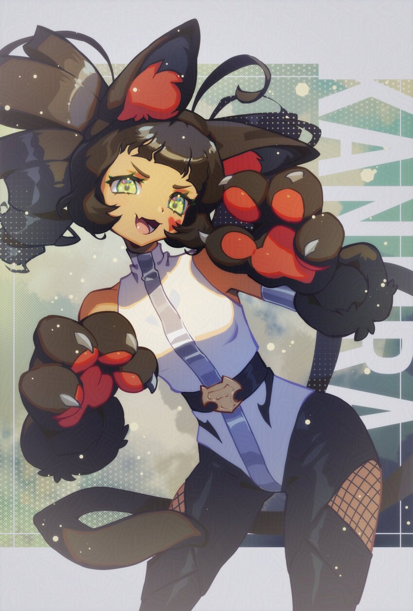 1girl :d absurdres adversarial_noise animal_ears animal_hands black_gloves black_pants blonde_hair cat_ears cat_tail character_name clothing_cutout cowboy_shot drill_hair facial_mark fake_animal_ears fang gloves green_background green_eyes hands_up heart heart_facial_mark highres kanjira leotard looking_at_viewer medium_hair official_alternate_costume open_mouth pants paw_gloves reverse:1999 skin_fang sleeveless_turtleneck_leotard smile solo tail takiminada thigh_cutout twin_drills v-shaped_eyebrows white_leotard
