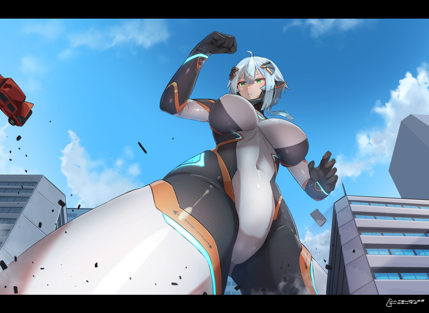 1girl absurdres ahoge artist_name blue_hair blue_sky bodysuit breasts building city cloud colossus_(natsukaze_shigure) covered_navel day destruction from_below giant giantess green_eyes highres large_breasts letterboxed natsukaze_shigure original outdoors science_fiction short_hair skin_tight sky skyscraper solo