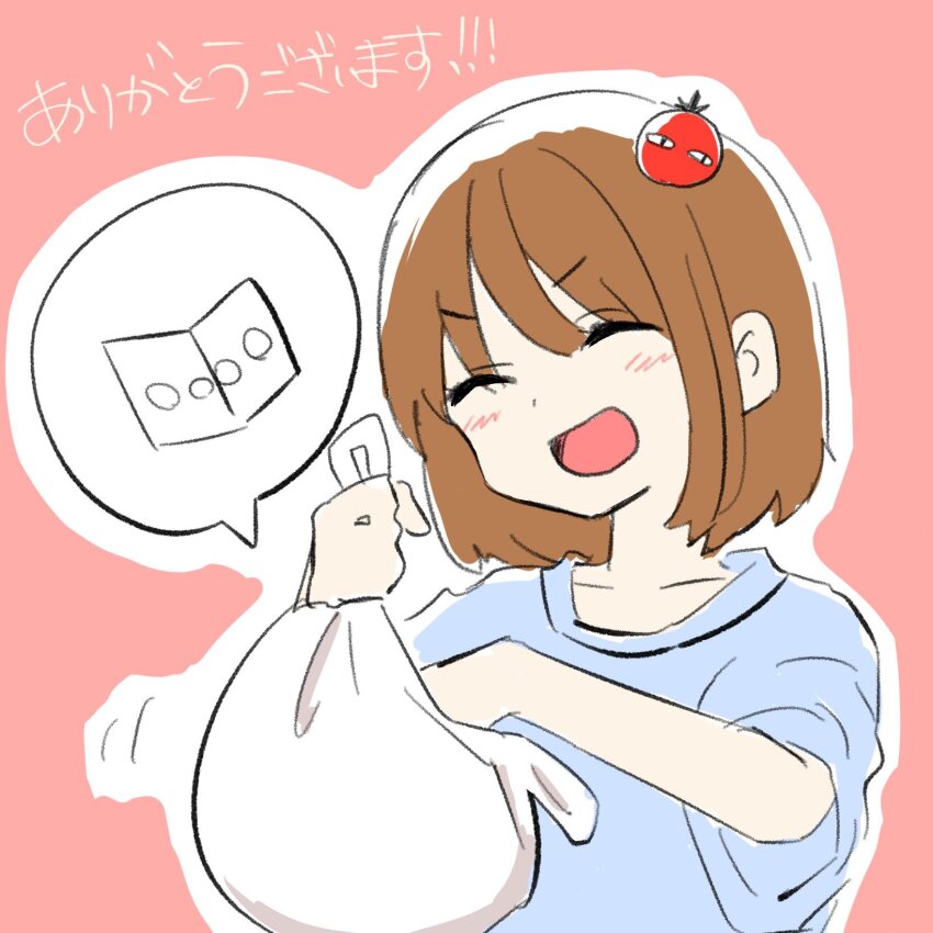1girl :d ^_^ bag blue_shirt blush brown_hair closed_eyes commentary_request highres holding holding_bag kiritoma motion_lines open_mouth original outline pink_background plastic_bag shirt short_sleeves smile solo translation_request white_outline
