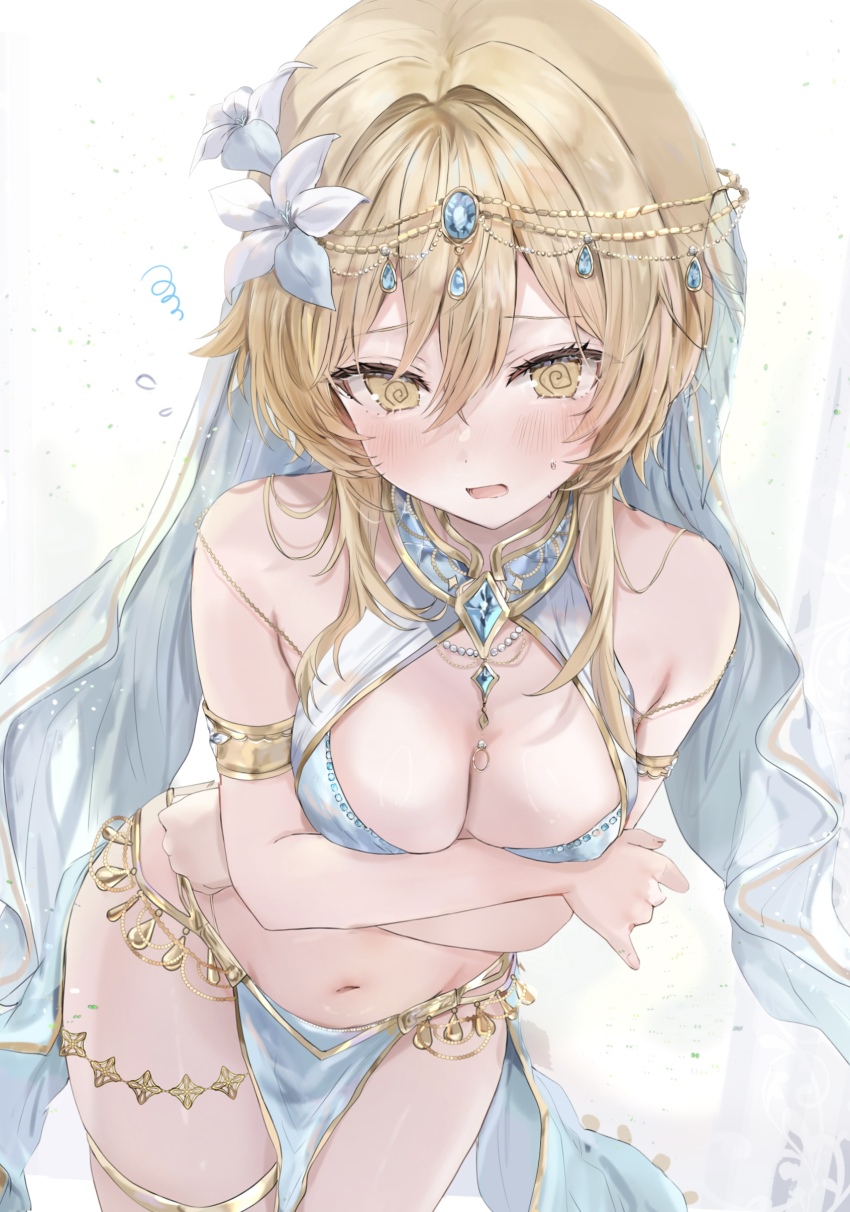1girl @_@ absurdres alternate_costume arms_under_breasts bare_shoulders blonde_hair blue_gemstone blue_loincloth blush breasts cleavage commentary_request dancer fingernails flower gem genshin_impact hair_between_eyes hair_flower hair_ornament harem_outfit highres leaning_forward loincloth looking_at_viewer lumine_(genshin_impact) maruro medium_breasts navel open_mouth short_hair_with_long_locks solo stomach white_flower yellow_eyes