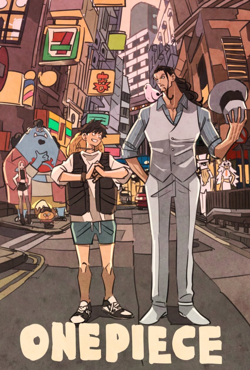 2girls 5boys 7-eleven antlers bird black_hair black_vest blue_shorts blue_skin car chest_tattoo city colored_skin commentary_request copyright_name dr._vegapunk facial_hair fish_boy full_body goatee hand_in_pocket hands_on_own_hips hat hattori_(one_piece) highres holding holding_unworn_clothes holding_unworn_hat horns jewelry_bonney jinbe_(one_piece) kaku_(one_piece) long_hair mask monkey_d._luffy motor_vehicle multiple_boys multiple_girls necktie one_piece orange_necktie pigeon pink_hair ponytail reindeer_antlers rob_lucci shirt short_hair shorts sidelocks straw_hat striped_clothes striped_shirt stussy_(one_piece) sun_symbol sun_tattoo takeuchi_ryousuke tan tattoo tony_tony_chopper tusks unworn_hat unworn_headwear vertical-striped_clothes vertical-striped_shirt vest white_vest