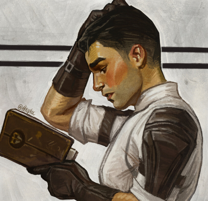 1boy arcane:_league_of_legends arcane_jayce arm_up armband belt belt_buckle black_gloves black_hair blush book buckle collared_shirt glove_belt gloves hand_on_own_head highres holding holding_book jayce_(league_of_legends) league_of_legends male_focus parted_lips popped_collar profile reading shirt shuploc sideburns sleeve_cuffs solo teeth thick_eyebrows twitter_username upper_body white_shirt