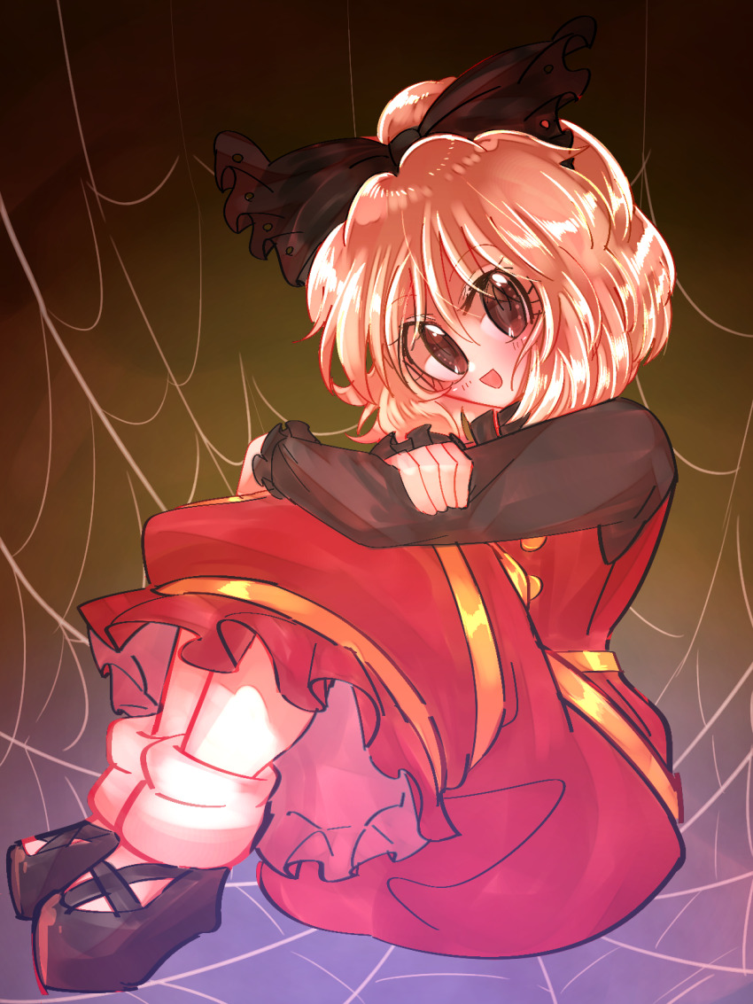 1girl :d black_bow black_shirt black_shoes blonde_hair blush bow brown_background brown_dress brown_eyes buttons commentary_request dress full_body hair_bow hair_bun highres kurodani_yamame long_dress long_sleeves looking_at_viewer open_mouth pinafore_dress ribbon shippuu_jinnari shirt shoes short_hair silk single_hair_bun sitting sleeveless sleeveless_dress smile socks solo spider_web touhou white_socks yellow_ribbon