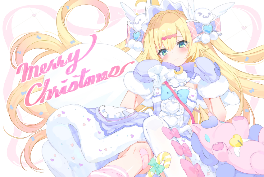 &gt;_&lt; 1boy :3 bandaid bandaid_on_knee bandaid_on_leg blonde_hair blush bow bowtie brooch closed_mouth crescent crossdressing dress english_text floating_hair frilled_hairband frills fur-trimmed_dress fur-trimmed_gloves fur_trim fuubuu gloves green_eyes hair_between_eyes hair_flaps hair_ornament hairband heart heart_brooch heart_hair_ornament highres jewelry leg_warmers long_hair male_focus merry_christmas nijisanji rabbit_hair_ornament solo stuffed_unicorn tears trap uzuki_kou very_long_hair virtual_youtuber white_bag yume_kawaii