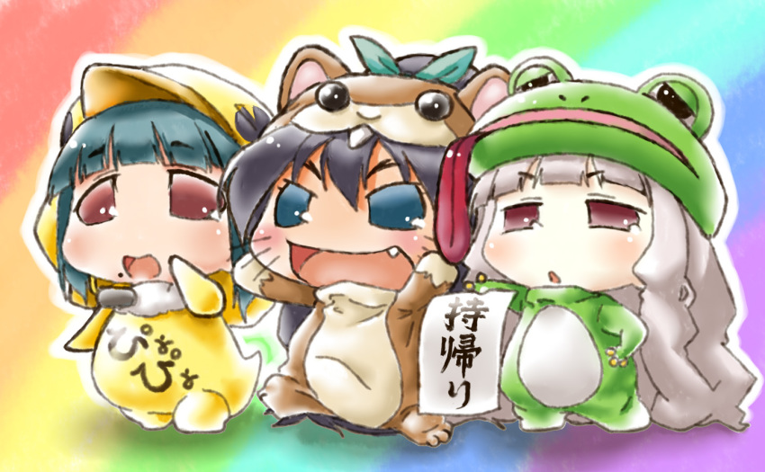 3girls :d animal_costume black_hair blue_eyes chibiki cosplay domo_5963 duck_costume fang frog_costume geroppa gradient_background hamster_costume hamuzou hamuzou_(cosplay) hand_on_own_hip hand_on_own_cheek hand_on_own_face idolmaster kawahagi_modoki long_hair microphone mole mole_under_mouth multiple_girls open_mouth paper piyopiyo ponytail puchimasu! short_hair silver_hair smile takanya whiskers
