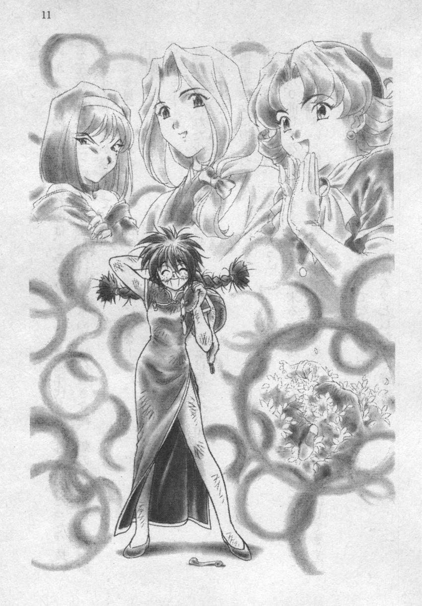 1boy 4girls absurdres archived_source arm_behind_head bare_arms bare_shoulders blunt_ends blush bob_cut bow braid breasts brooch bush buttons china_dress chinese_clothes choker closed_eyes closed_mouth collared_dress curtained_hair dirty dirty_face dress dress_shoes earrings elbow_gloves fingernails flats flipped_hair fujii_kasumi full_body gloves hair_bow hair_intakes hair_over_shoulder hair_tie hairband happy hat helmet highres holding holding_helmet jacket japanese_clothes jewelry kanzaki_sumire kimono layered_kimono light_particles long_hair long_sleeves low-braided_long_hair low-tied_long_hair low-tied_medium_hair low_twin_braids low_twintails mandarin_collar medium_breasts medium_hair messy_hair monochrome multiple_girls neckerchief official_art okuda_matsuri oogami_ichirou open_mouth own_hands_together pants pelvic_curtain pillbox_hat ri_kouran ribbon_choker rimless_eyewear round_eyewear sakakibara_yuri sakura_taisen scan scan_artifacts sega shadow short_sleeves single_bare_leg sleeves_rolled_up standing straight_hair traditional_media tsurime twin_braids twintails upper_body wispy_bangs