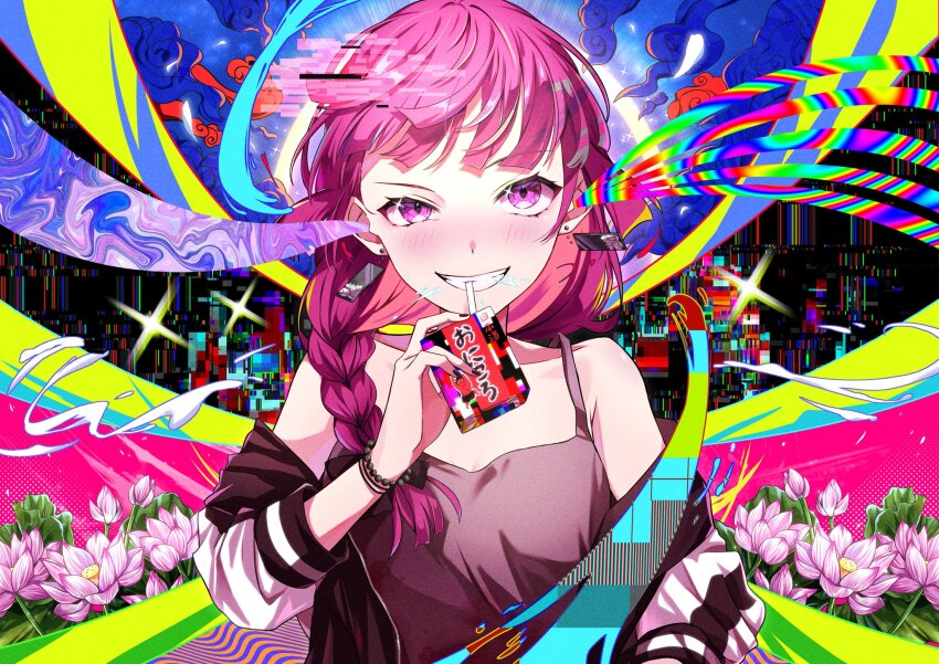 1girl alcohol_carton black_jacket blush bocchi_the_rock! braid clenched_teeth commentary_request drinking_straw drinking_straw_in_mouth earrings flower_request highres hiroi_kikuri holding_carton jacket jewelry kikugawa_roku long_hair looking_at_viewer multicolored_jacket off_shoulder open_mouth psychedelic purple_eyes purple_hair single_braid solo spaghetti_strap teeth two-tone_jacket white_jacket