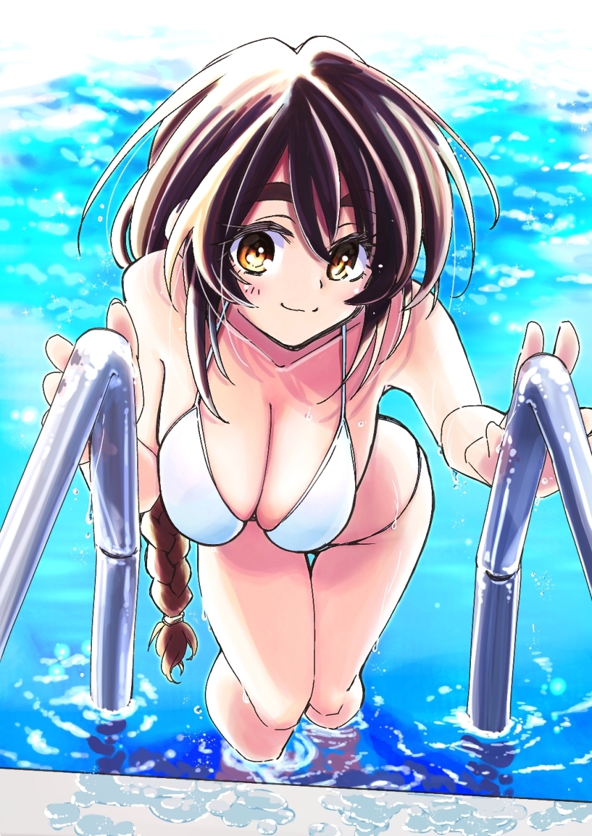 1girl aihara_yukino bikini blush breasts brown_hair collarbone commentary_request groin halterneck highres idolmaster idolmaster_cinderella_girls large_breasts leaning_forward long_braid long_hair looking_at_viewer pool pool_ladder poolside refraction s115j130 smile solo string_bikini swimsuit thick_eyebrows thigh_gap very_long_hair white_bikini