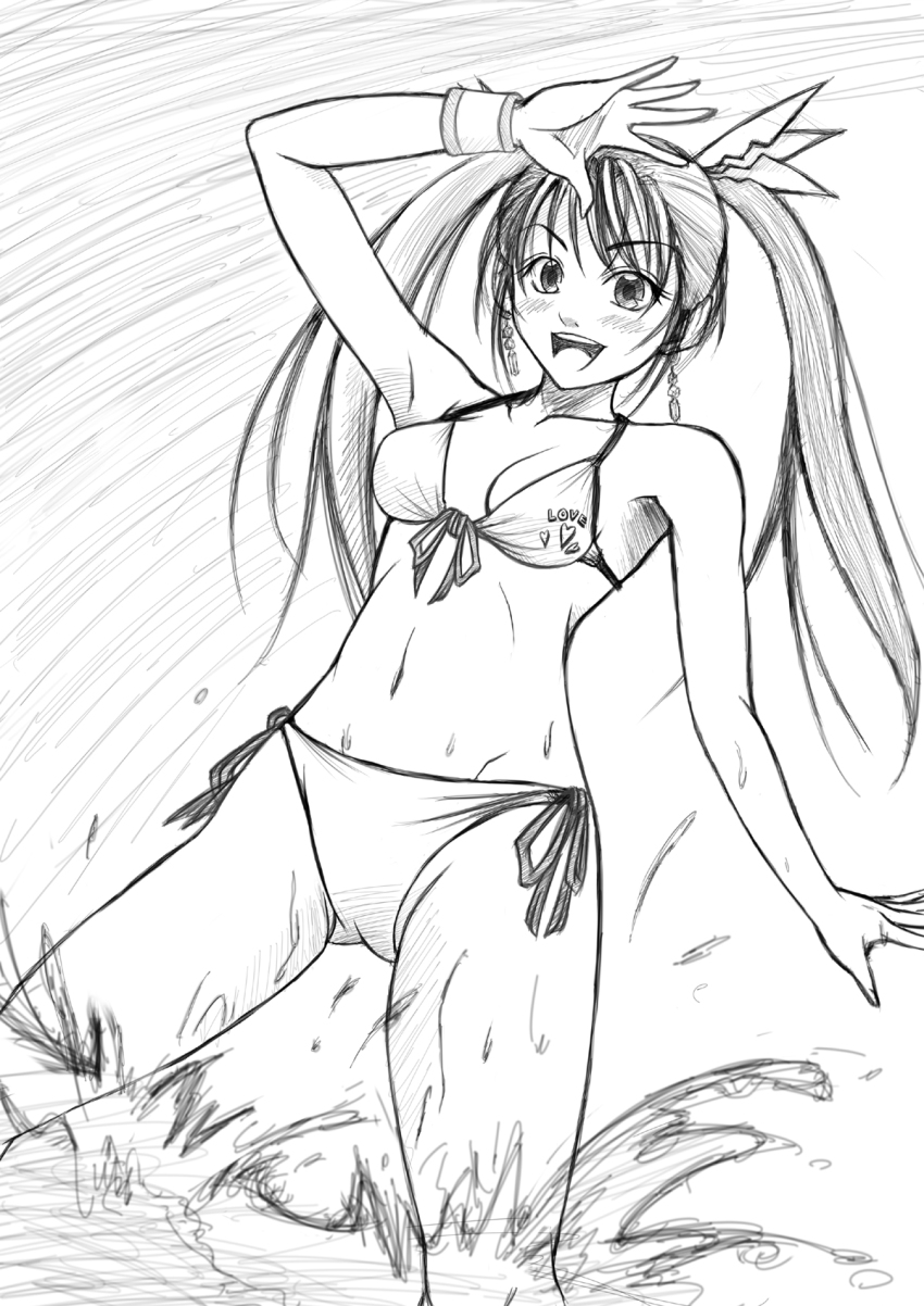 1girl alternate_hair_length alternate_hairstyle bad_id bad_pixiv_id bikini breasts dutch_angle earrings eileen female_focus greyscale hair_ornament highres jewelry medium_breasts monochrome side-tie_bikini_bottom solo swimsuit tal_yuji twintails virtua_fighter virtua_fighter_5 virtua_fighter_5:_final_showdown water