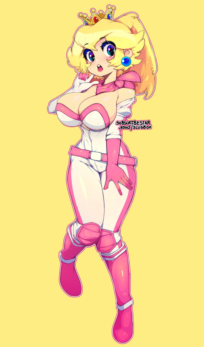 1girl absurdres ball_earrings biker_clothes biker_peach bikesuit blonde_hair bodysuit crown full_body gloves hand_on_own_leg hand_up highres index_finger_raised knee_pads mario_(series) mario_kart multicolored_bodysuit nintendo off_shoulder open_mouth partially_unzipped pink_gloves ponytail princess_peach race_queen simple_background slugbox subscribestar_username teeth the_super_mario_bros._movie two-tone_bodysuit two-tone_gloves upper_teeth_only yellow_background