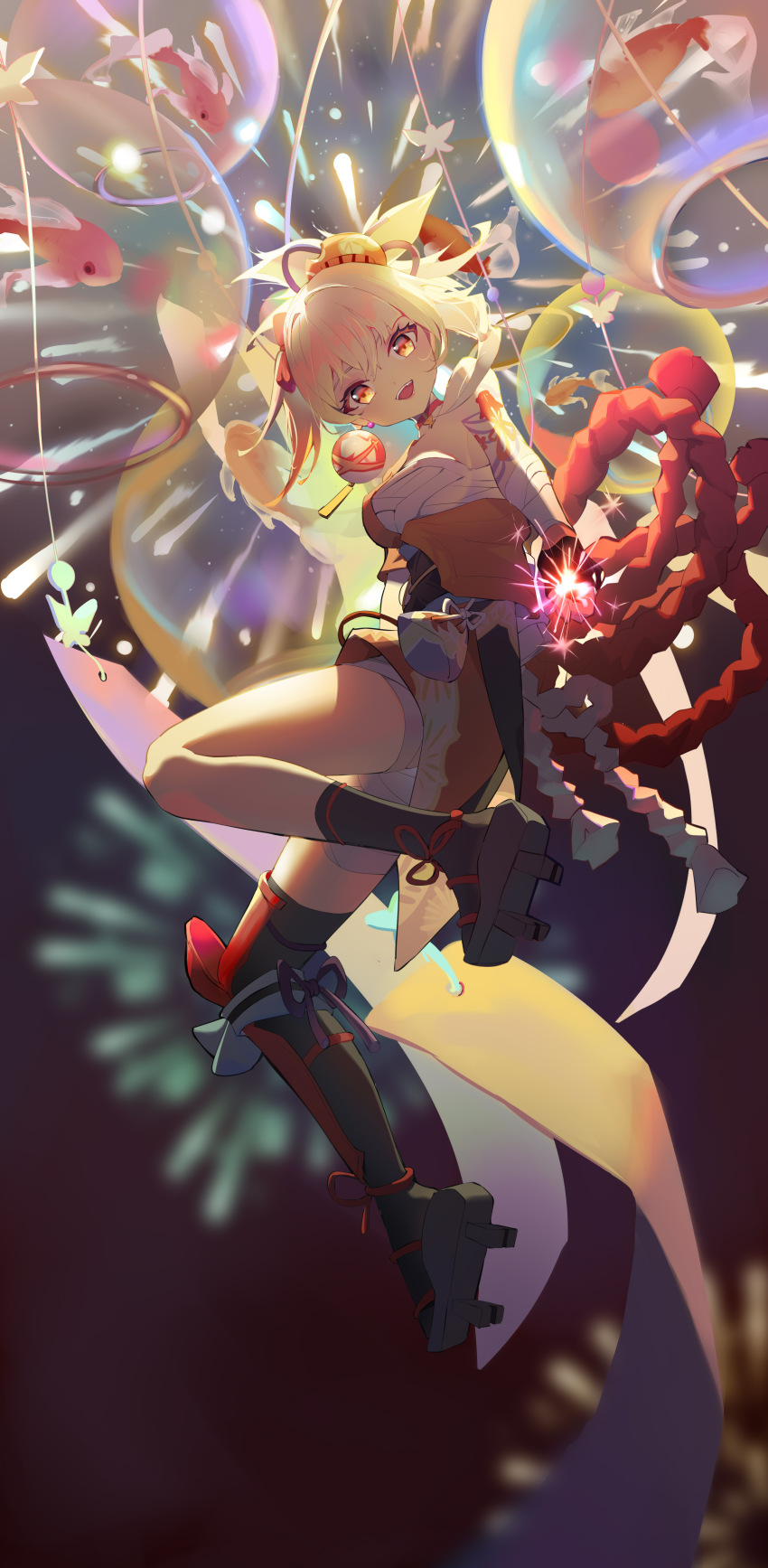 1girl :d absurdres arm_tattoo asymmetrical_legwear bandaged_arm bandaged_leg bandages black_gloves black_socks black_thighhighs blonde_hair bow chest_sarashi collarbone crossed_bangs fang fingerless_gloves fireworks fish floating genshin_impact geta gloves gradient_sky hadanugi_dousa hair_bow highres holding holding_fireworks japanese_clothes kimono looking_at_viewer medium_hair night night_sky open_clothes open_kimono open_mouth orange_eyes orange_kimono ponytail print_kimono qixia red_bow rope sarashi shimenawa sidelocks sky smile socks sparkler split_ponytail tassel tattoo thighhighs uneven_legwear wind_chime yoimiya_(genshin_impact)