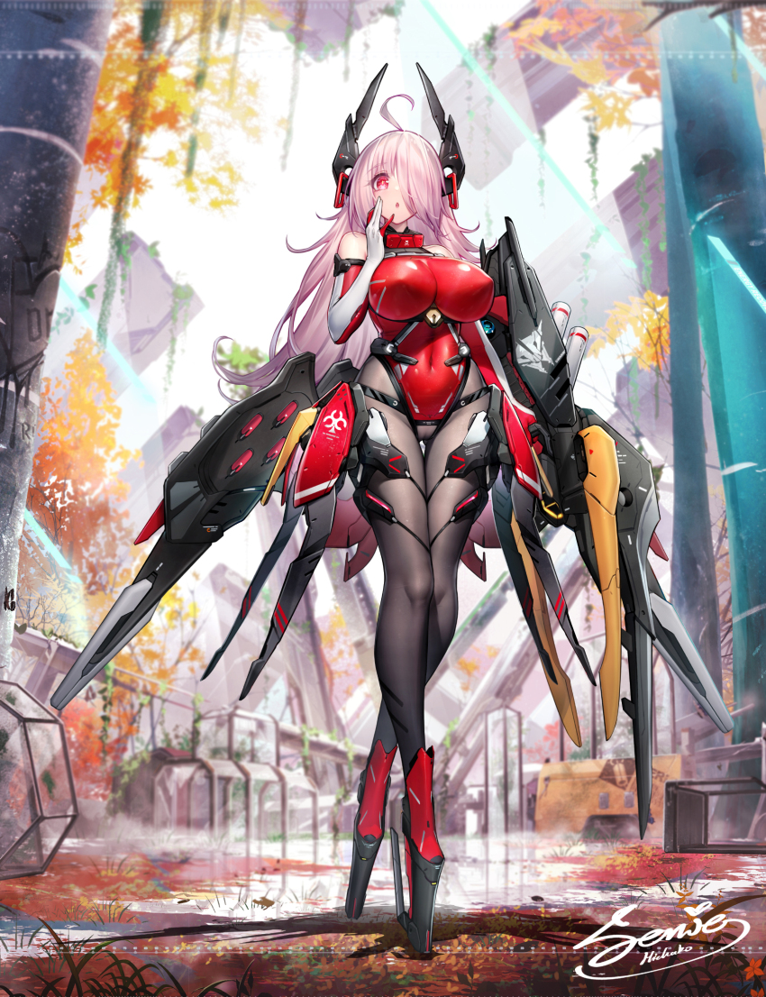 1girl ahoge artist_name bare_shoulders black_pantyhose covered_erect_nipples covered_navel crosscore dk.senie elbow_gloves full_body gloves hair_over_one_eye headgear highres impossible_clothes impossible_leotard leotard mecha_musume outdoors pantyhose pink_eyes pink_hair platform_footwear red_footwear science_fiction solo white_gloves