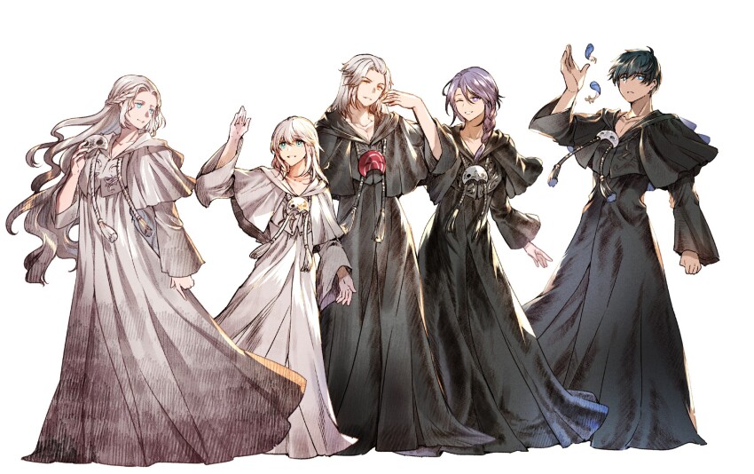 1girl 4boys black_capelet black_hair black_robe blue_eyes capelet cowboy_shot drawstring emet-selch final_fantasy final_fantasy_xiv full_body group_picture gungonim hatching_(texture) hermes_(ff14) highres hythlodaeus long_hair mask mask_around_neck medium_hair multiple_boys one_eye_closed parted_lips purple_hair robe simple_background smile sophist&#039;s_robe_(ff14) standing tassel themis_(ff14) unworn_mask venat_(ff14) white_background white_capelet white_hair white_robe