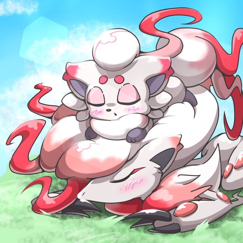 2others blue_background blush_stickers closed_eyes cloud cloudy_sky green_background highres hisuian_zoroark hisuian_zorua kensan345 lying multiple_others nintendo no_humans on_grass on_stomach open_mouth pokemon red_fur sky sleeping sleeping_on_pokemon