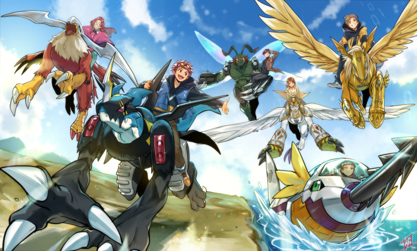 2girls 4boys armor arthropod_boy digimon digimon_(creature) glasses harpoon hida_iori highres holsmon ichijouji_ken inoue_miyako lighdramon motomiya_daisuke multiple_boys multiple_girls nefertimon pegasmon stingmon submarimon takaishi_takeru wings yagami_hikari