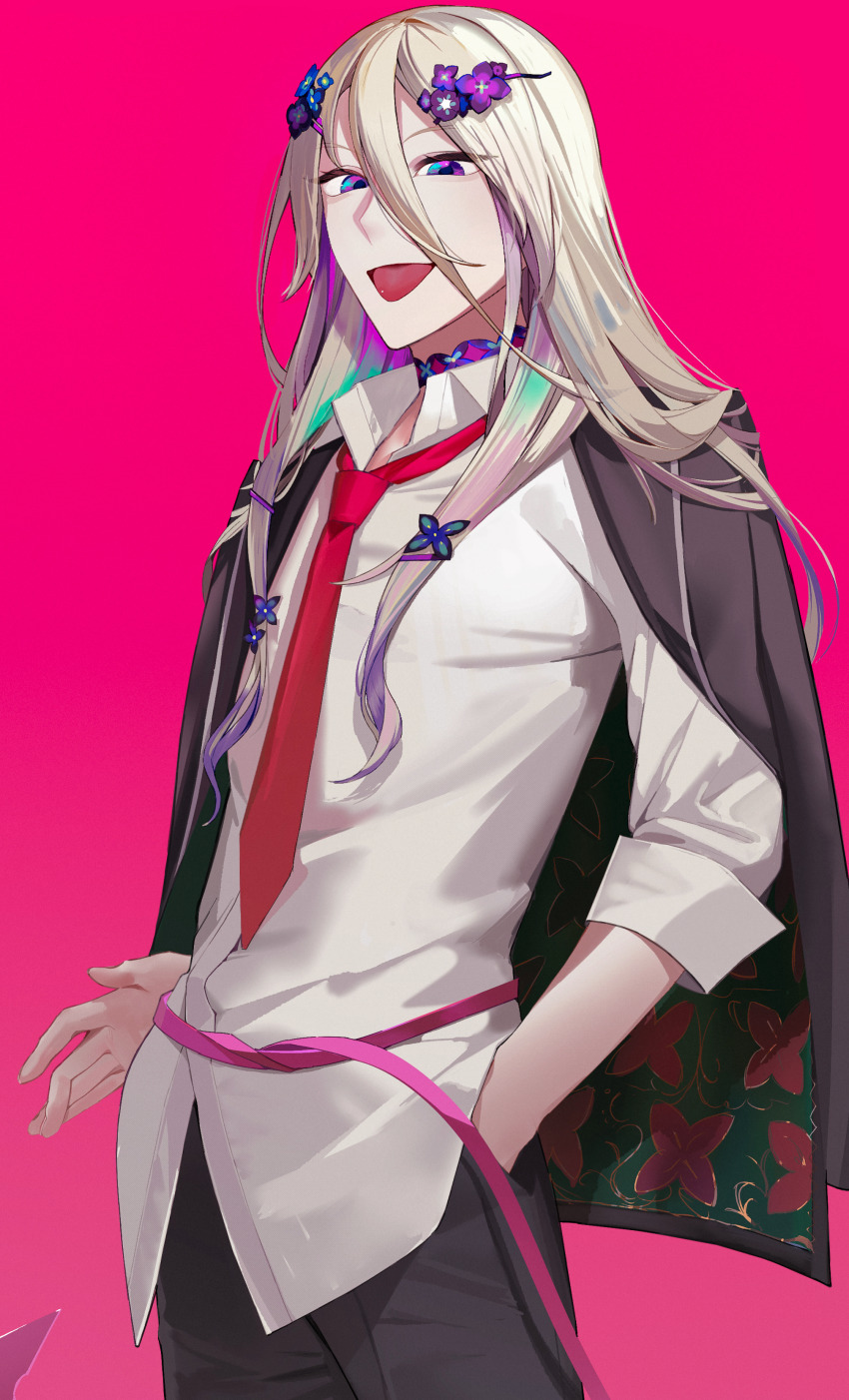 1boy absurdres belt black_jacket black_pants blonde_hair blue_eyes butterfly_hair_ornament choker collared_shirt cowboy_shot fate/grand_order fate_(series) flower hair_between_eyes hair_flower hair_ornament hairclip hand_in_pocket highres id_(fate/grand_order) jacket jacket_on_shoulders long_sleeves looking_at_viewer male_focus multicolored_eyes necktie pants pink_background pink_belt pink_eyes pseudo-tokyo_school_uniform purple_background purple_choker purple_eyes purple_flower red_necktie school_uniform shirt sidelocks simple_background solo standing tongue tongue_out white_shirt wing_collar wolfgang_amadeus_mozart_(fate) yukkuri_(fumoyun)