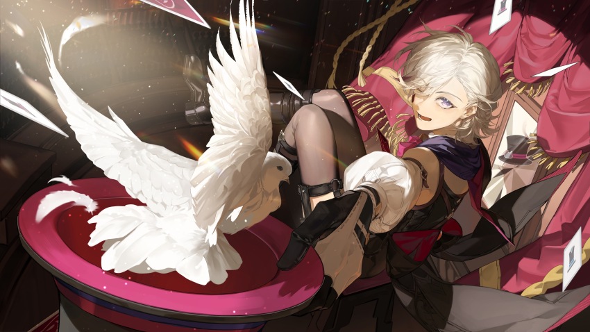 1boy ;d absurdres arm_strap bird bishounen black_boots black_corset black_gloves black_hat black_shorts blonde_hair boots bow bowtie brown_bow brown_bowtie brown_thighhighs card chinese_commentary commentary_request corset curtains detached_sleeves dove facial_mark floating_card garter_straps genshin_impact gloves hair_between_eyes hat highres holding holding_unworn_clothes holding_unworn_hat jingsang_w lace-up_boots long_sleeves looking_at_viewer lyney_(genshin_impact) magic_trick male_focus multicolored_hair one_eye_closed open_mouth ouji_fashion outstretched_arm parted_bangs playing_card puffy_sleeves purple_eyes red_bow red_bowtie red_hair red_ribbon ribbon shirt short_hair shorts sleeveless sleeveless_shirt smile solo streaked_hair swept_bangs teardrop_facial_mark teeth thighhighs top_hat unworn_hat unworn_headwear white_gloves white_shirt white_sleeves