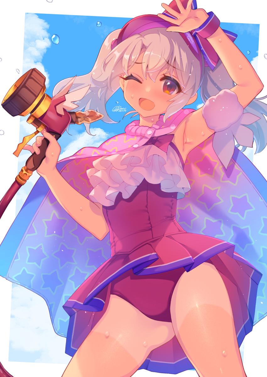 1girl arm_up armpits blue_sky blush bow breasts cape covered_navel dress_swimsuit fate/grand_order fate_(series) highres hose hose_nozzle illyasviel_von_einzbern illyasviel_von_einzbern_(swimsuit_archer) illyasviel_von_einzbern_(swimsuit_archer)_(second_ascension) inflatable_armbands long_hair looking_at_viewer magical_ruby magical_ruby_(hose) one-piece_swimsuit one_eye_closed open_mouth red_bow red_eyes red_one-piece_swimsuit santa_(sunflower) sky small_breasts smile star_(symbol) star_print swimsuit thighs twintails visor_cap wet white_hair