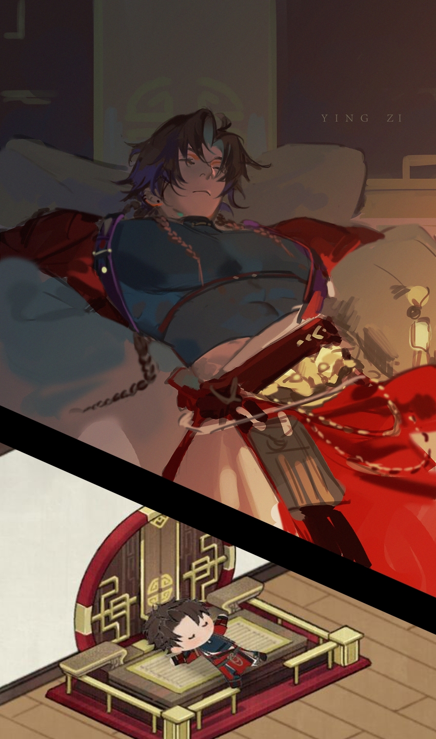 1boy absurdres artist_name bedroom blue_shirt braid brown_hair chinese_clothes chinese_commentary closed_eyes closed_mouth code:_kite commentary_request cowboy_shot derivative_work eyelashes forehead game_screenshot_inset hanfu highres indoors long_hair lying male_focus multiple_braids navel on_back on_bed parted_bangs pectorals pillow red_hanfu screenshot_redraw shirt solo sun_ce_(code:_kite) tassel very_long_hair yingzi