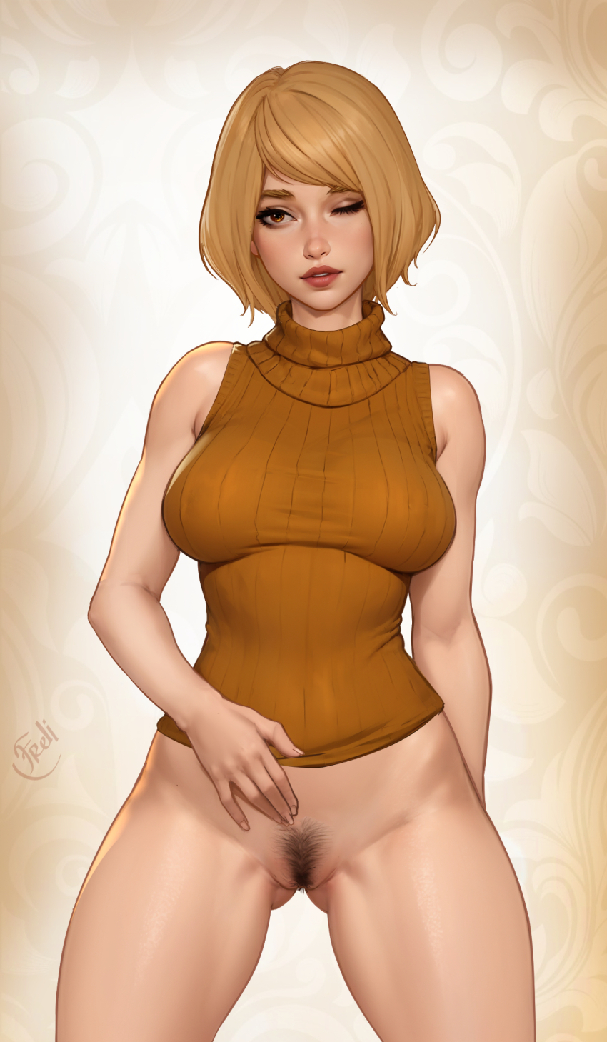 1girl arm_behind_back ashley_graham bare_arms bare_shoulders blonde_hair bottomless breasts cowboy_shot female_pubic_hair freli gluteal_fold hand_on_own_stomach highres lips looking_at_viewer medium_breasts one_eye_closed orange_sweater parted_lips pubic_hair resident_evil resident_evil_4 short_hair signature sleeveless sleeveless_turtleneck solo spread_legs sweater turtleneck yellow_eyes