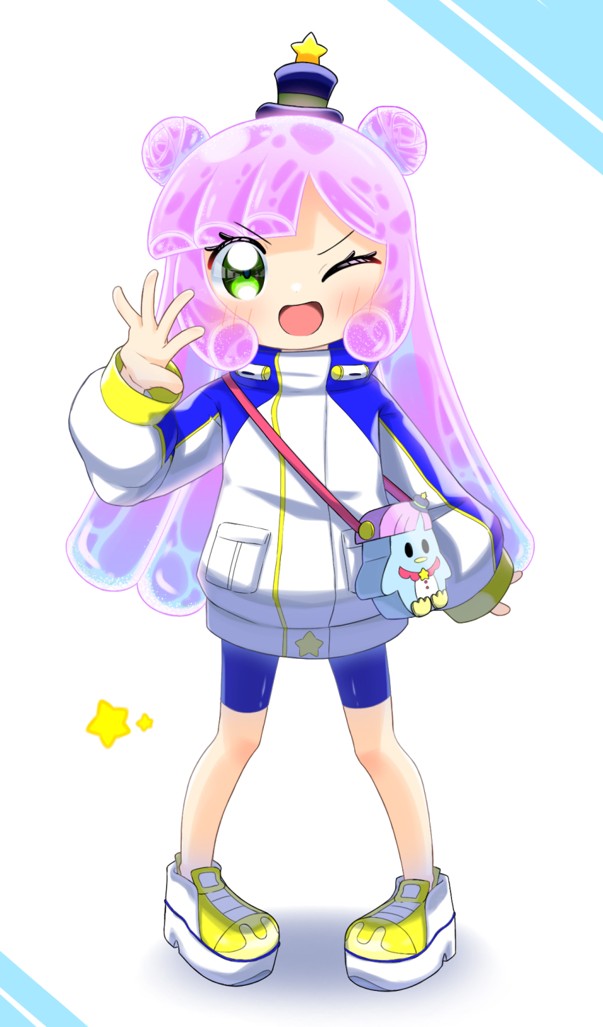 1girl bike_shorts commentary_request full_body gomashio_lettuce gradient_hair green_eyes hat highres long_hair looking_at_viewer mini_hat monster_girl multicolored_hair one_eye_closed open_mouth pink_hair puniru_(puniru_wa_kawaii_slime) puniru_wa_kawaii_slime purple_hair slime_girl smile solo