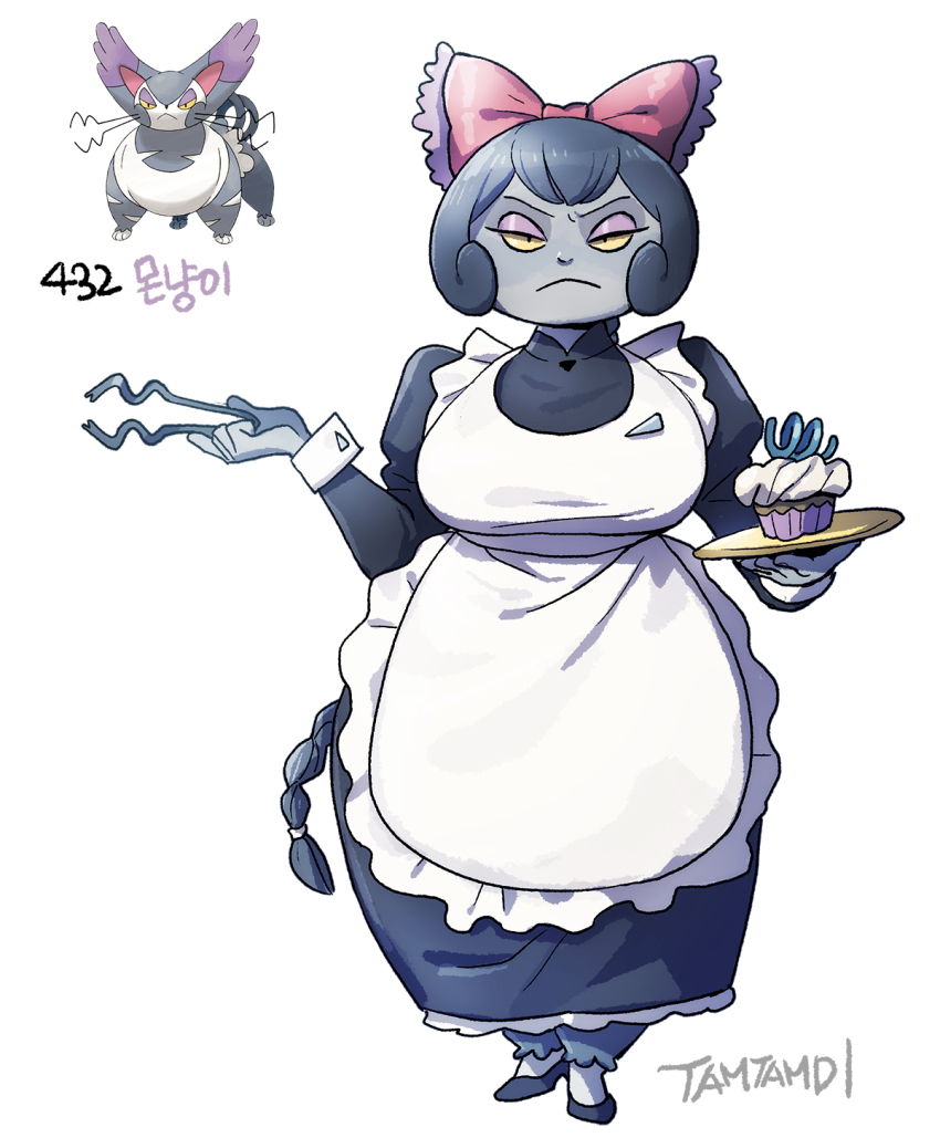 1girl apron bow braid closed_mouth colored_sclera colored_skin creature_and_personification cupcake food frilled_bow frills full_body game_freak gen_4_pokemon grey_hair grey_skin highres holding holding_plate juliet_sleeves long_hair long_sleeves looking_at_viewer nintendo personification pink_bow plate pokemon pokemon_(creature) puffy_sleeves purugly reference_inset simple_background tamtamdi very_long_hair white_apron white_background yellow_sclera
