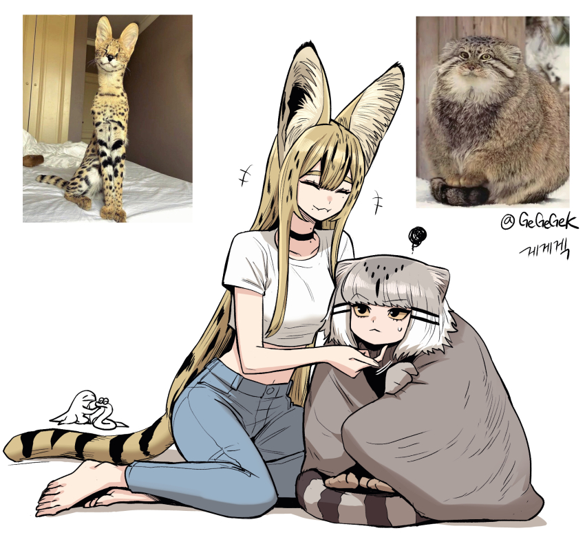 2girls :&lt; :3 animal_ear_fluff animal_ears artist_name artist_self-insert barefoot black_choker blanket blonde_hair bob_cut breasts cat_ears cat_girl cat_tail choker closed_eyes creature_and_personification crop_top denim eyelashes fang gegegekman gradient_hair grey_hair hair_ornament hairclip hand_on_another&#039;s_chin highres jeans korean_commentary long_hair medium_breasts midriff mole mole_on_neck multicolored_hair multiple_girls navel notice_lines on_ground original pallas&#039;s_cat_(gegegekman) pants parallel_hairclips personification photo_inset reference_inset scratching_chin serval serval_gf_(gegegekman) shirt short_hair short_sleeves side-by-side signature simple_background sitting sitting_on_tail skin_fang smile spoken_squiggle squiggle striped_tail sweatdrop t-shirt tail thick_eyebrows toes twitter_username white_background white_hair wrapped_in_blanket yellow_eyes yokozuwari