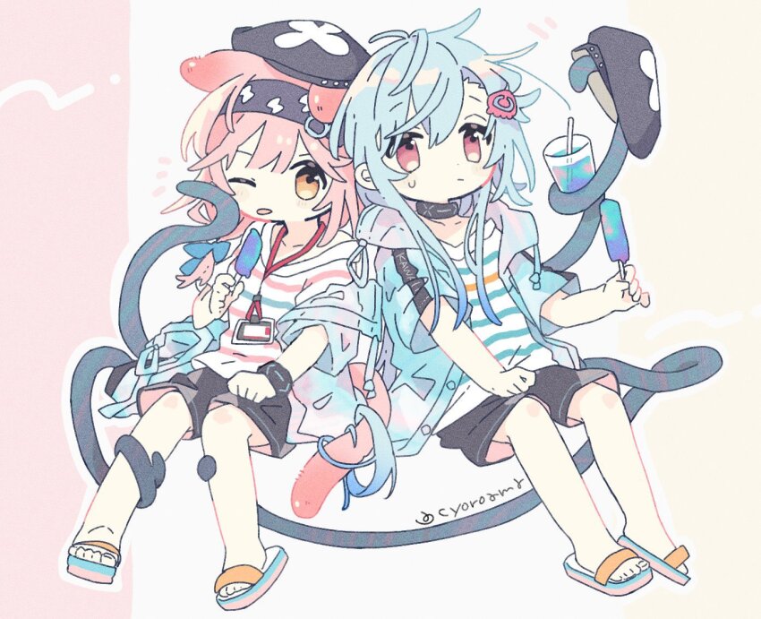 1boy 1girl animal_ears arknights black_shorts blue_bow blue_hair bow braid cat_ears chibi cosplay food goldenglow_(arknights) holding holding_food infection_monitor_(arknights) jacket mizuki_(arknights) mizuki_(arknights)_(cosplay) mizuki_(summer_feast)_(arknights) naguru_(cyoroama) off_shoulder one_eye_closed pink_eyes pink_hair popsicle sandals short_hair short_hair_with_long_locks shorts sitting tentacles white_jacket