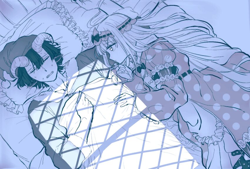 1boy 1girl alternate_costume animal_ears aurora_sya_lis_kaymin commentary_request demon_cleric demon_horns goat_ears hat highres horns long_hair long_sleeves maou-jou_de_oyasumi mmkrkkg short_hair sick sleeping star-shaped_pupils star_(symbol) sweat symbol-shaped_pupils under_covers