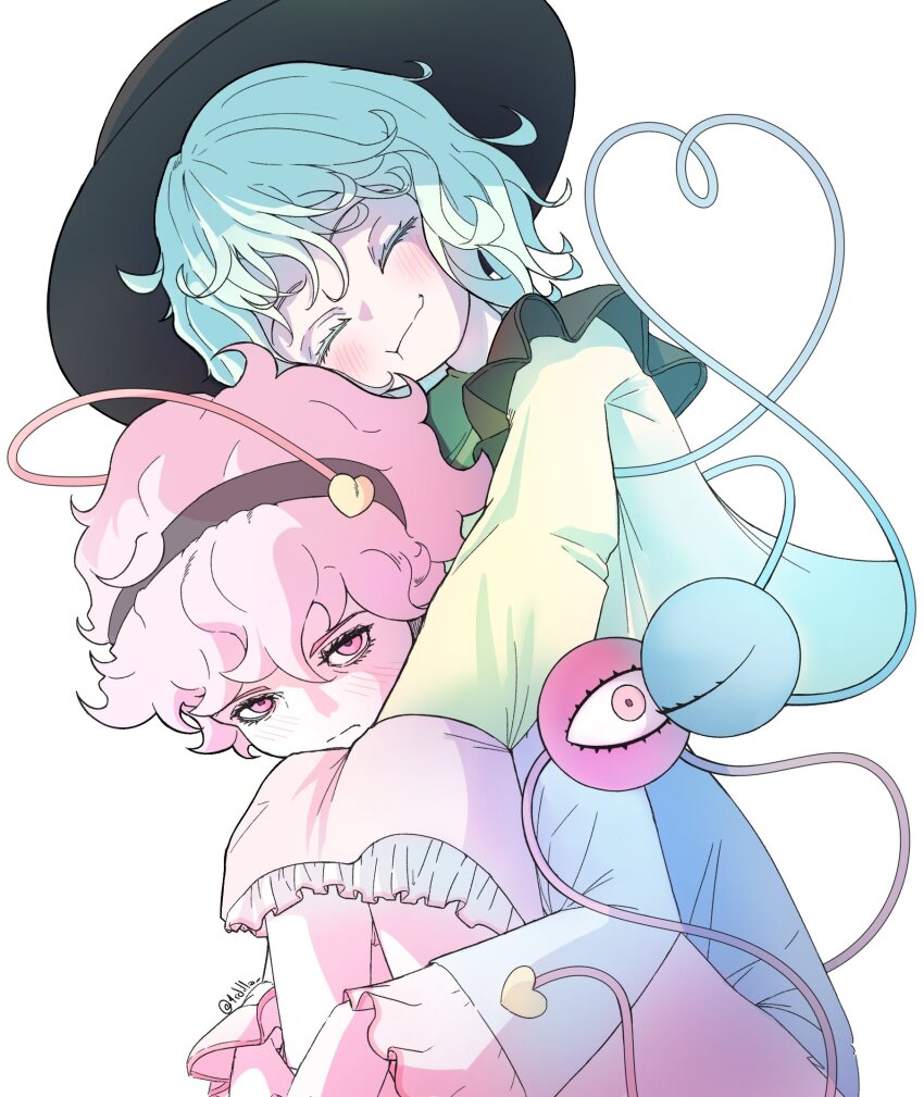 2girls 4rdilla :t black_hairband black_hat blouse blue_shirt blush closed_eyes closed_mouth commentary eyelashes frilled_skirt frilled_sleeves frills green_hair hair_ornament hairband hat heart heart_hair_ornament heart_of_string highres hug hug_from_behind hugging_own_legs komeiji_koishi komeiji_satori long_sleeves looking_at_viewer messy_hair multiple_girls pink_eyes pink_hair pink_skirt shirt short_hair siblings simple_background sisters skirt smile third_eye touhou twitter_username white_background wide_sleeves yellow_shirt