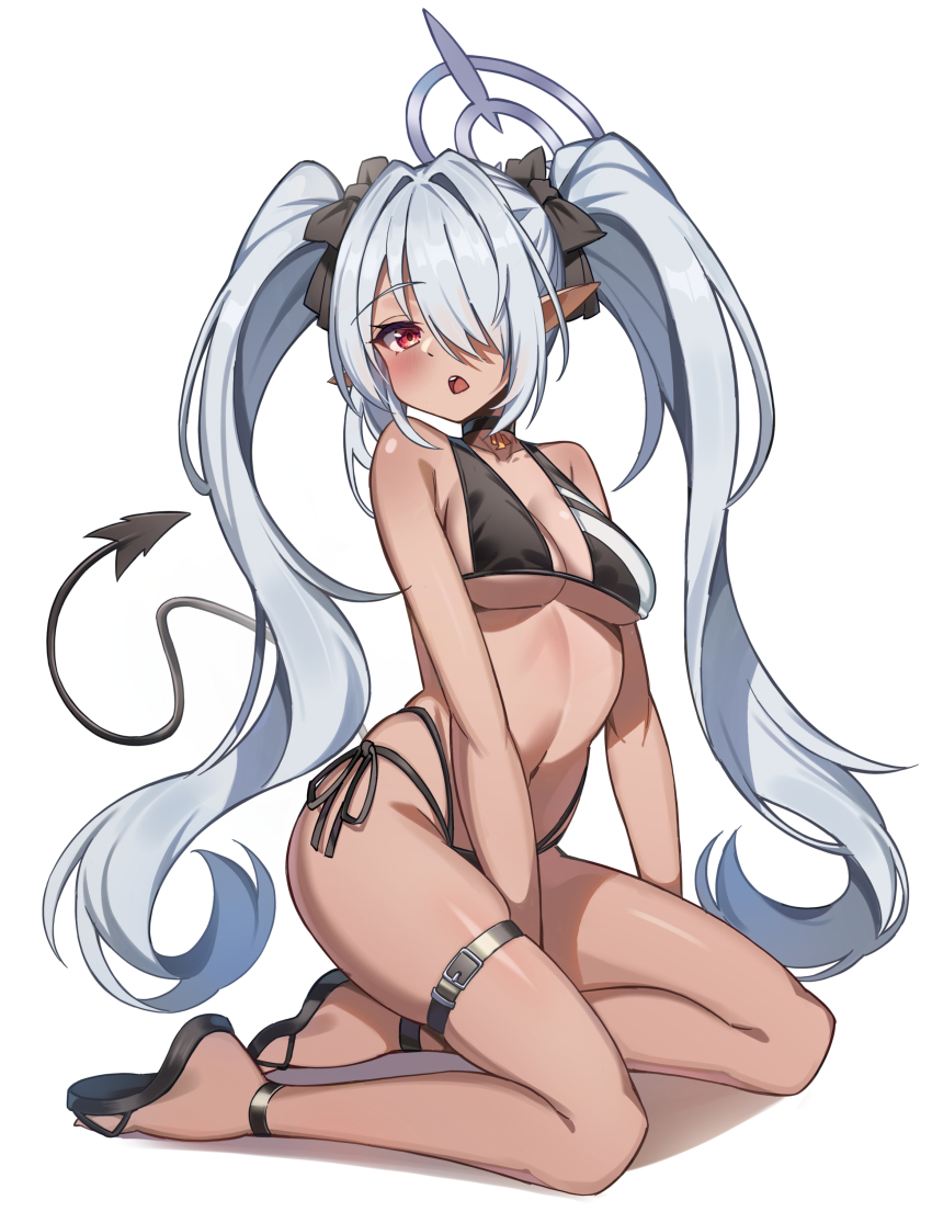 1girl absurdres belt bikini black_bikini blue_archive blush bow breasts chai_mao commentary dark-skinned_female dark_skin demon_tail grey_hair hair_bow hair_over_one_eye halo highres iori_(blue_archive) long_hair looking_at_viewer medium_breasts navel open_mouth red_eyes sandals seiza side-tie_bikini_bottom simple_background sitting solo swimsuit tail thigh_belt thigh_strap twintails white_background