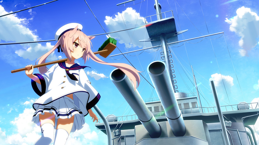 1girl anchor_symbol beret blue_neckerchief cleaning_brush closed_mouth cloud day game_cg hair_horns hat holding holding_brush long_hair long_sleeves mashiko_kaoru midriff_peek neckerchief official_art outdoors pink_hair pleated_skirt purple_eyes sailor_collar sailor_shirt ship ship_turret shirt skirt sky solo thighhighs toji_no_miko toji_no_miko:_kizamishi_issen_no_tomoshibi twintails watercraft white_hat white_shirt white_skirt white_thighhighs wide_sleeves zettai_ryouiki