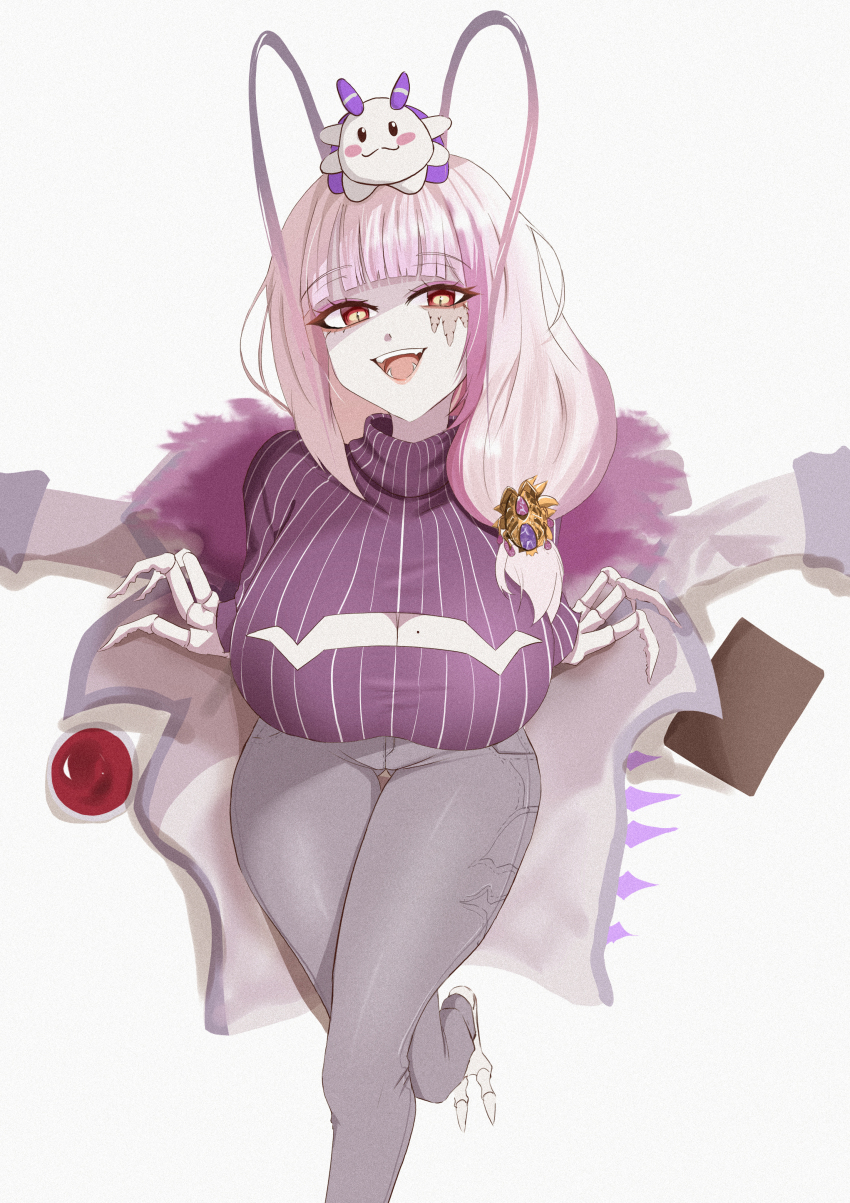 1girl absurdres antenna_hair arthropod_girl breasts cleavage cleavage_cutout clothing_cutout cockroach_girl fangs fur-trimmed_jacket fur_trim highres indie_virtual_youtuber jacket large_breasts long_hair looking_at_viewer matara_kan matara_kan_(casual) mole mole_on_breast momo_(matara_kan) monster_girl multicolored_hair nobody_(nobo) open_mouth pink_hair purple_shirt red_eyes shirt smile solo streaked_hair turtleneck turtleneck_shirt virtual_youtuber white_jacket