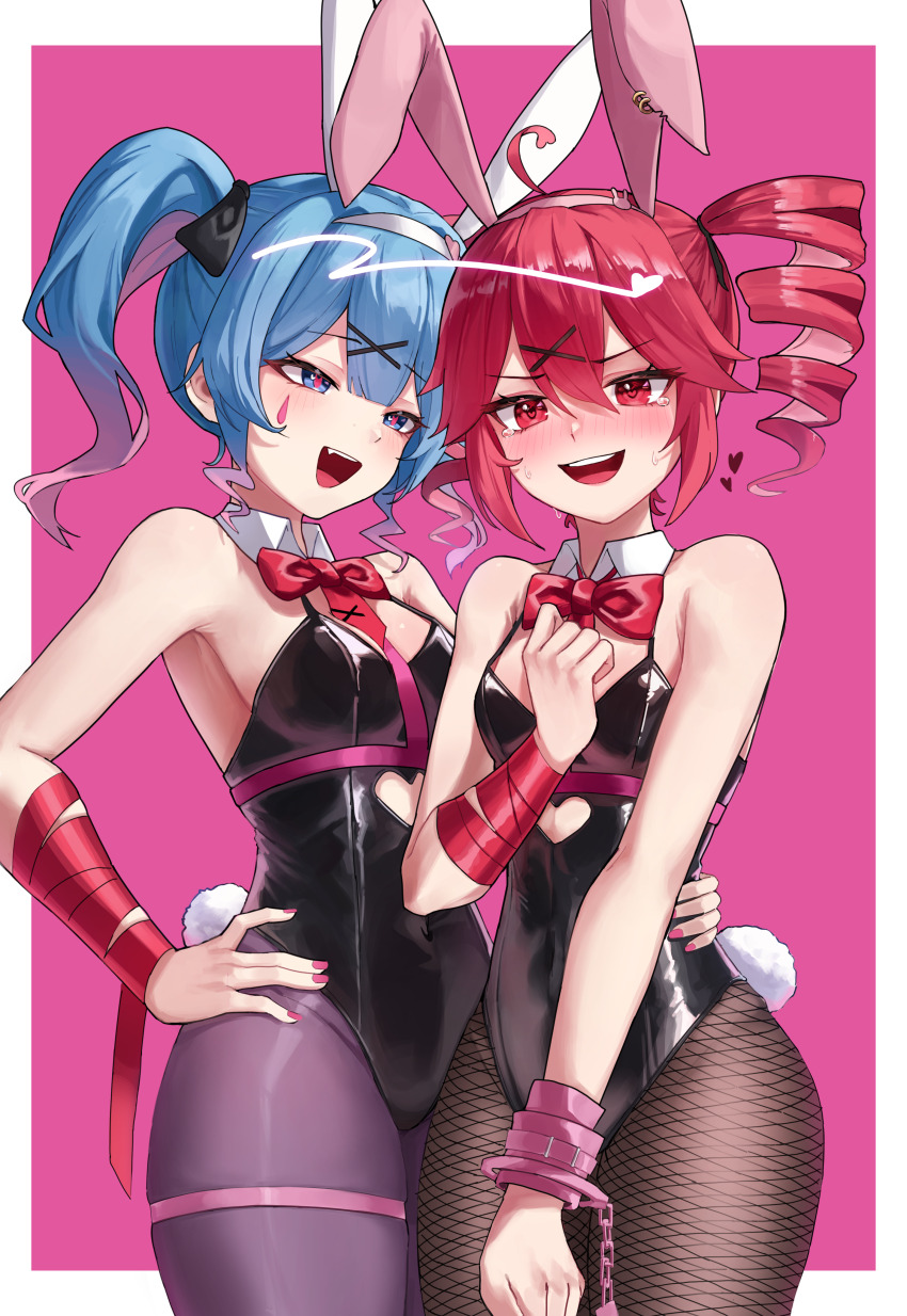 2girls absurdres blue_eyes blue_hair clothing_cutout fishnet_pantyhose fishnets hatsune_miku heart_cutout highres hu2924 kasane_teto leotard multiple_girls pantyhose playboy_bunny rabbit_hole_(vocaloid) red_eyes red_hair teardrop_facial_mark utau vocaloid