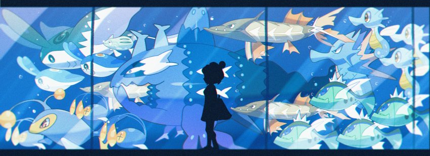 1girl absurdres air_bubble aquarium barraskewda basculin basculin_(blue) bubble chinchou commentary_request film_grain fish from_side gen_1_pokemon gen_2_pokemon gen_4_pokemon gen_5_pokemon gen_7_pokemon gen_8_pokemon glass gloria_(pokemon) highres horsea lanturn mantine mantyke nintendo pokemon pokemon_(creature) pokemon_swsh remoraid saiku_(zvlku) seadra seahorse silhouette wishiwashi wishiwashi_(school)