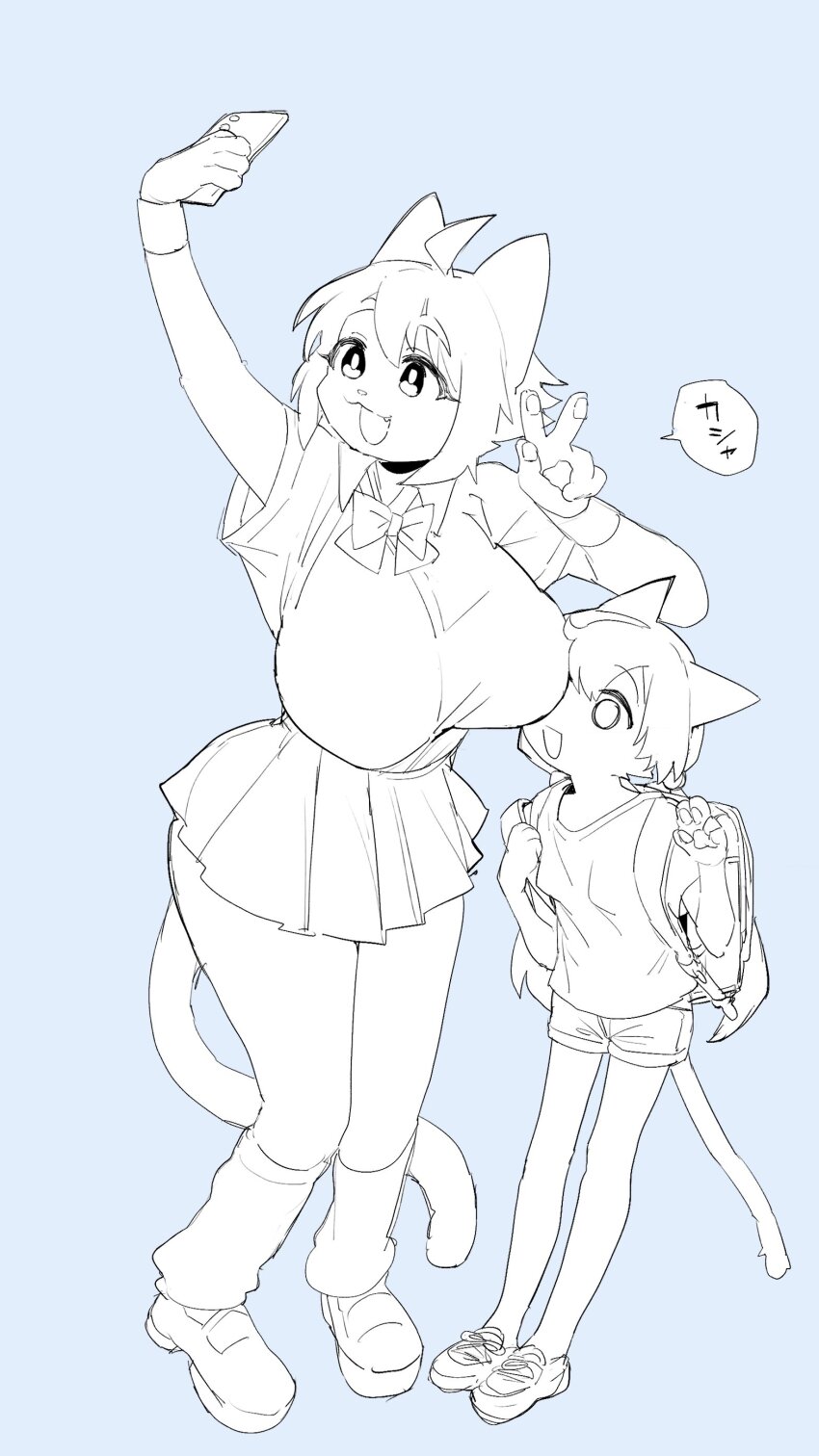 2girls absurdres age_difference akane_(3yo4yo5yo) animal_ears backpack bag blue_background borrowed_character breasts cat_ears cat_girl cat_tail flare_(3yo4yo5yo) height_difference highres inchore large_breasts long_hair medium_hair multiple_girls original pawpads pleated_skirt randoseru school_uniform selfie shorts simple_background sketch skirt tail v