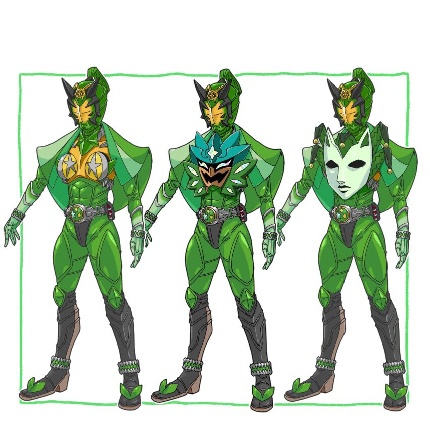 3boys armor belt belt_buckle buckle commentary_request fake_horns gloves green_hair grey_belt highres horns kamen_rider kamen_rider_hibiki_(series) kenchi legs_apart male_focus mask multiple_boys nintendo ogerpon pokemon ponytail short_hair standing white_background