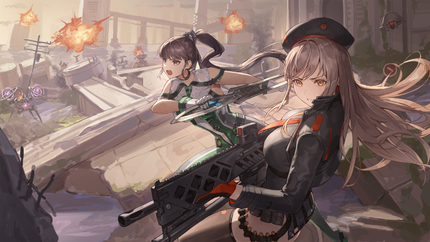 2girls battle beret black_hair black_hat black_jacket bodysuit breasts bridge brown_eyes brown_hair commentary cotta_(heleif) english_commentary eve_(stellar_blade) explosion floating_hair gloves goddess_of_victory:_nikke green_bodysuit gun hat high_ponytail highres holding holding_gun holding_sword holding_weapon jacket large_breasts looking_at_viewer medium_breasts multiple_girls open_mouth parted_lips planet_diving_suit_(7th)_(stellar_blade) ponytail rapi_(nikke) rapture_(nikke) red_gloves shell_casing stellar_blade sword weapon white_gloves yellow_eyes