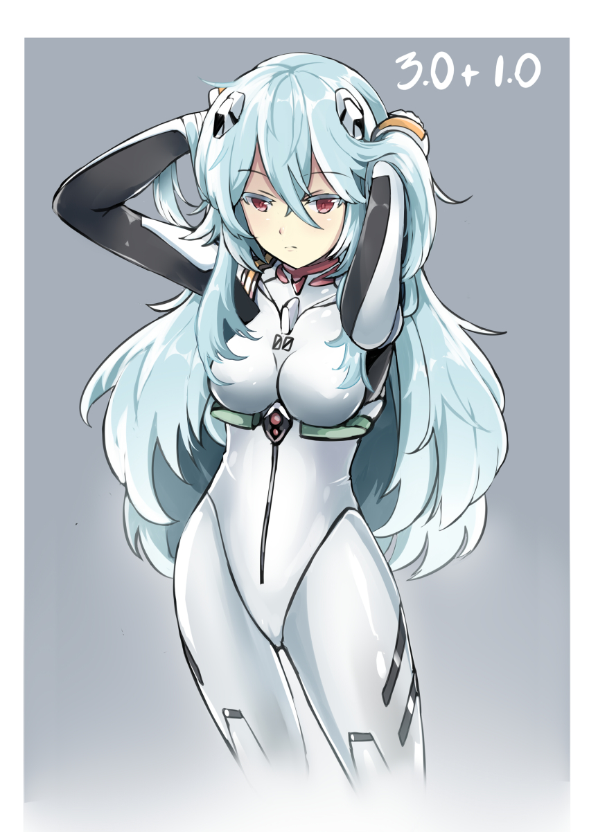 1girl absurdres alternate_hair_length alternate_hairstyle ayanami_rei blue_hair bodysuit breasts commentary evangelion:_3.0+1.0_thrice_upon_a_time highres interface_headset_(evangelion) long_hair mecha_pilot_suit neon_genesis_evangelion plugsuit_(evangelion) rebuild_of_evangelion red_eyes shiny_clothes sidelocks small_breasts solo spoilers sudhiro_sappurisa very_long_hair