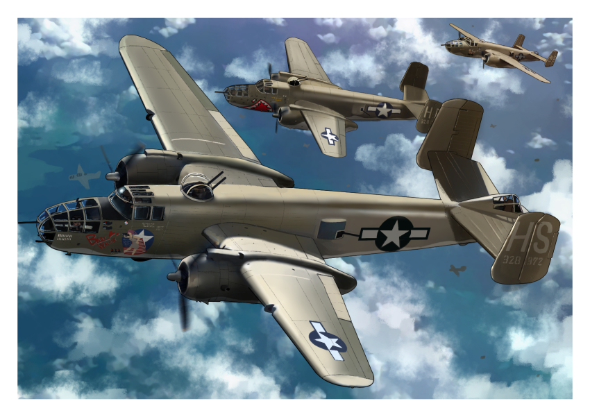 aircraft airplane b-25_mitchell blue_sky bomber bomber_jacket cloud cloudy_sky day fairy_(kancolle) gun helmet highres jacket kantai_collection machine_gun military military_vehicle outdoors pilot pilot_helmet pilot_uniform sky timmyyen united_states_air_force vehicle_focus weapon world_war_ii