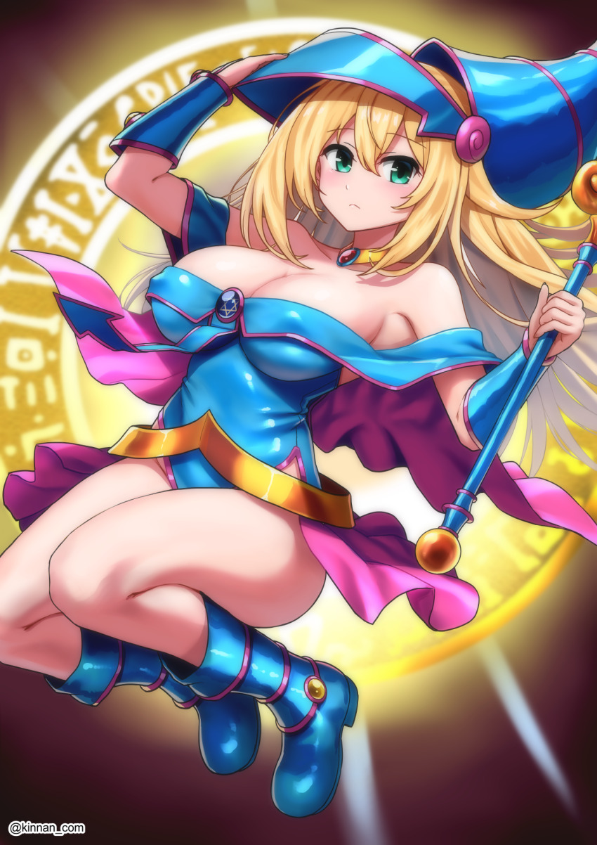 1girl bare_shoulders blonde_hair blue_boots blue_hat blush boots breasts cleavage collarbone dark_magician_girl duel_monster green_eyes hair_between_eyes hat highres holding holding_wand kinnan large_breasts looking_at_viewer magic_circle solo wand wizard_hat yu-gi-oh!