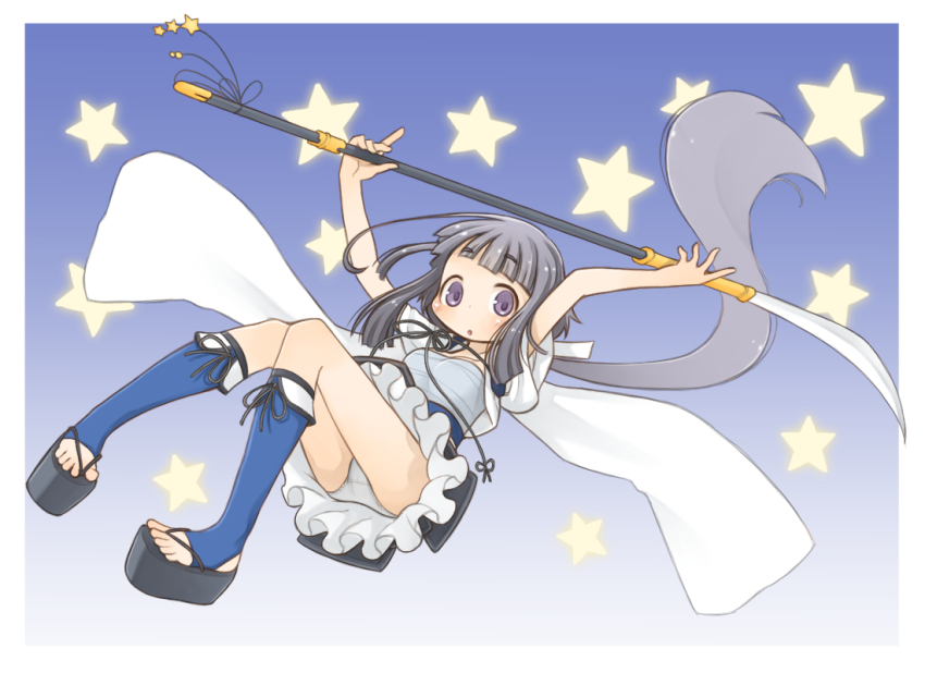 1girl arms_up blue_background blue_hair blunt_bangs border commentary_request floating floating_hair full_body gradient_background holding holding_polearm holding_weapon japanese_clothes long_hair looking_at_viewer magia_record:_mahou_shoujo_madoka_magica_gaiden magical_girl mahou_shoujo_madoka_magica naginata open_mouth panties pantyshot polearm sandals sidelocks solo star_(symbol) star_symbol_background tatsuki_asuka underwear weapon white_border white_panties zangetsumaru