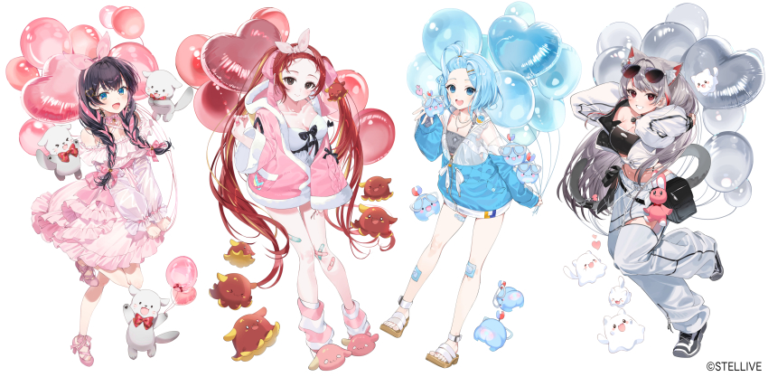 4girls a20_(atsumaru) absurdres akane_lize animal_ear_fluff animal_ears arahashi_tabi balloon belt_pouch black_footwear black_hair black_shirt blue_eyes blue_hair blue_jacket blush bob_cut bow braid breasts brown_eyes cat_ears cat_tail cleavage closed_mouth clothing_cutout commentary_request cowboy_shot crop_top dress dress_shoes earrings frilled_dress frills full_body grey_hair grey_shirt grin hair_bow hair_ornament hair_ribbon hairband heart heart_hair_ornament highres jacket jewelry korean_commentary layered_dress long_hair long_sleeves looking_at_viewer medium_breasts midriff mixed-language_commentary multiple_girls neneko_mashiro off-shoulder_dress off_shoulder official_art open_clothes open_jacket open_mouth pants pink_dress pink_jacket pink_ribbon pink_shoes pink_slippers pouch red_eyes red_hair ribbon sandals shirayuki_hina shirt shoes short_dress short_hair slippers small_breasts smile sneakers stellive strapless sunglasses tail teeth thigh_cutout tube_top twin_braids upper_teeth_only very_long_hair virtual_youtuber white_dress white_pants