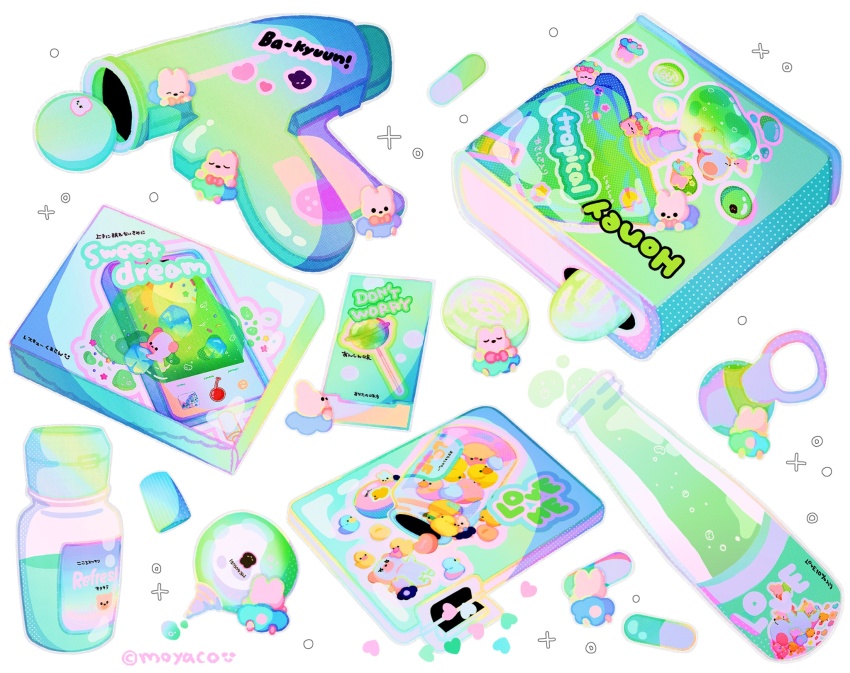 artist_name box candy cellphone commentary english_commentary english_text food food_wrapper heart highres moyaco no_humans original pastel_colors phone signature simple_background sleeping smartphone solid_circle_eyes solid_eyes sparkle white_background