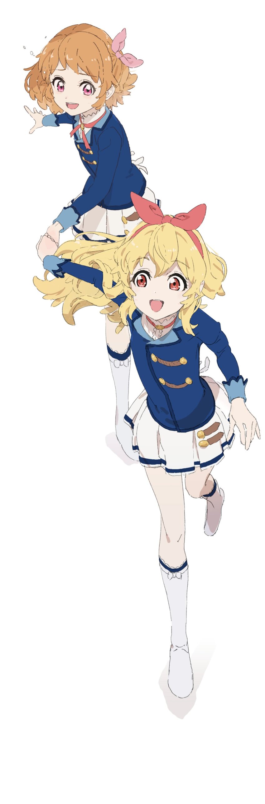 2girls :d absurdres aikatsu! aikatsu!_(series) blonde_hair blue_shirt boots bow bow_hairband dot_nose floating_hair hair_bow hairband highres holding_hands hoshimiya_ichigo leg_lift long_hair long_sleeves looking_at_another miniskirt multiple_girls official_alternate_hairstyle open_mouth orange_hair ozora_akari pink_bow pleated_skirt red_bow red_eyes red_hairband running saitou_atsushi_(kamatamanankotu) school_uniform shirt simple_background skirt smile standing star_harmony_academy_school_uniform teeth upper_teeth_only white_background white_footwear white_skirt