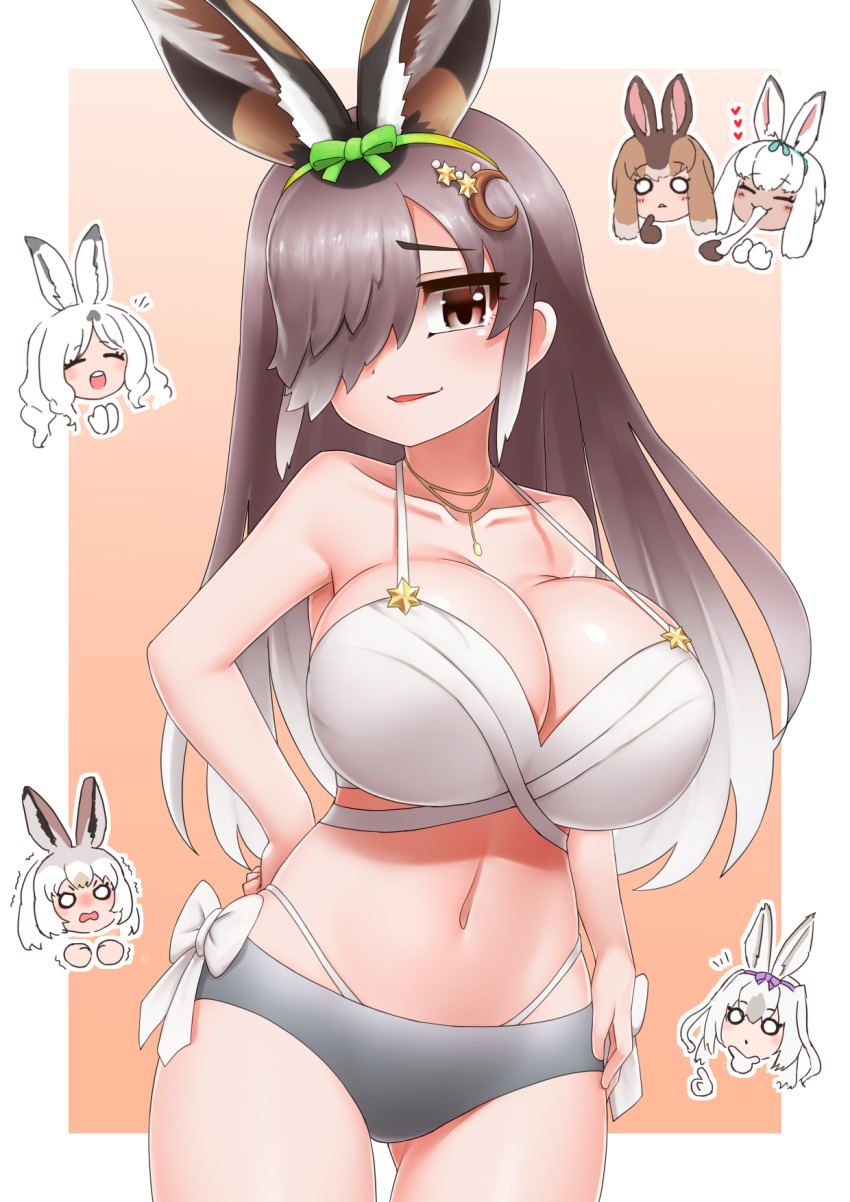 6+girls alternate_breast_size animal_ears arctic_hare_(kemono_friends) arm_at_side bikini border bow bow_bikini bow_hairband breasts brown_eyes brown_hair chibi cleavage closed_eyes collarbone cowboy_shot crescent crescent_hair_ornament dark-skinned_female dark_skin eating european_hare_(kemono_friends) extra_ears food food_in_mouth furrowed_brow gluteal_fold green_bow grey_hair hair_ornament hair_over_one_eye hairband hand_on_own_chin hand_on_own_hip heart highres holding holding_food huge_breasts japanese_hare_(kemono_friends) jewelry kemono_friends kemono_friends_3 large_breasts layered_bikini layered_clothes legs_apart long_bangs long_hair looking_at_another looking_at_viewer mochi mountain_hare_(kemono_friends) multicolored_hair multiple_girls navel o_o official_alternate_costume outside_border parted_bangs parted_lips pendant pointing pointing_at_another rabbit_ears skindentation smile snowshoe_hare_(kemono_friends) solo_focus stomach strap_gap swimsuit trembling tsukuyomi_shinshi_(kemono_friends) two-tone_hair very_long_hair white_border white_bow white_hair yonkuron